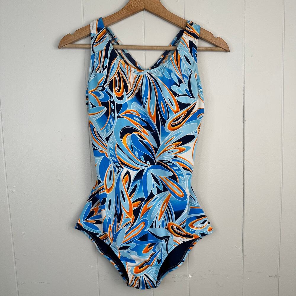 Dolfin Aquashape One Piece Swimsuit Size 10 Blue Floral Racerback Swim